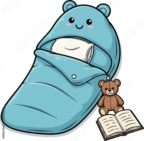Cute baby sleeping in a blue bear hooded sleeping bag with teddy bear and book