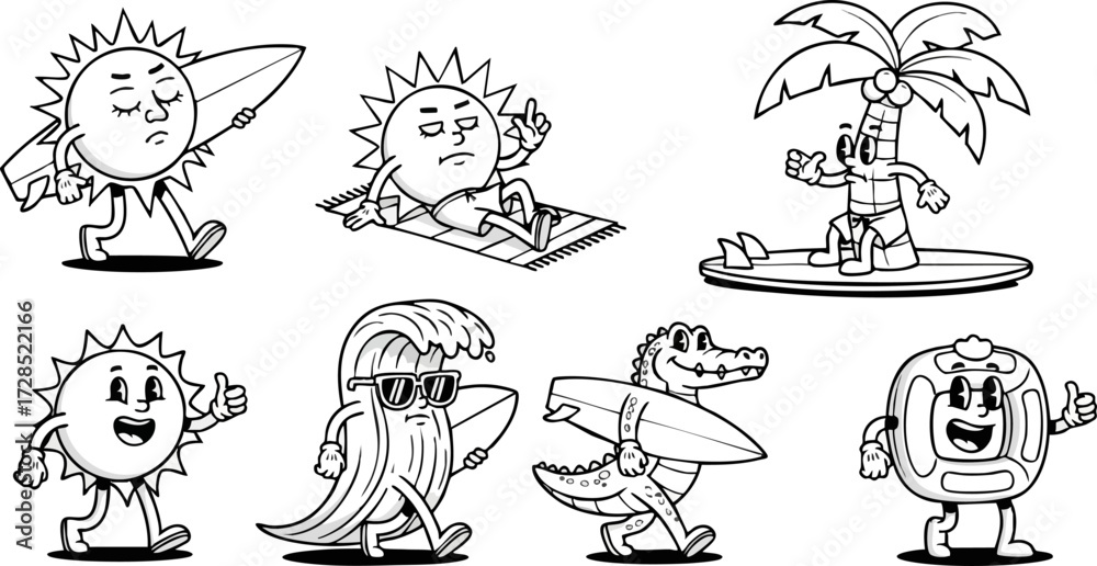Fototapeta premium Cartoon Sun, Palm Tree, Wave, Alligator, and Reel Characters Enjoying Summer Activities