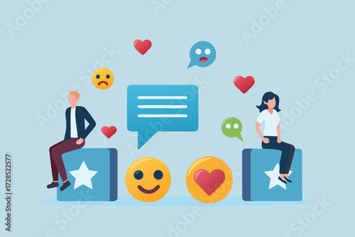 Diverse people interacting with social media icons and feedback symbols in a digital communication concept