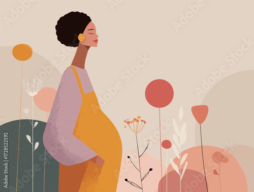 A pregnant woman stands gracefully in a colorful garden, surrounded by soft flowers and abstract shapes. The warm tones create a peaceful atmosphere of anticipation.