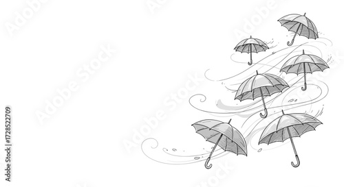 Gray umbrellas floating with wind on white background  