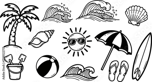 Collection of Hand-Drawn Summer Beach and Ocean Elements