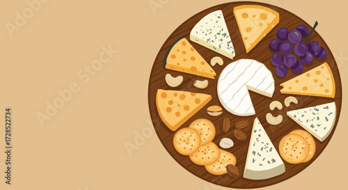Cheese platter with various types of cheese, nuts, and grapes  