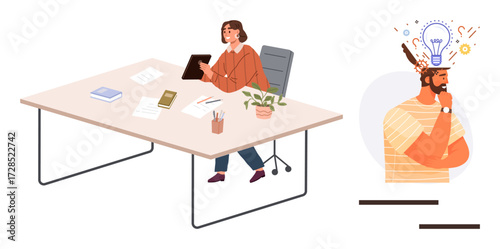 Woman seated at desk with papers, book, plant while a man visualizes ideas with lightbulb and symbols. Ideal for creativity, brainstorming, decision-making, office work, productivity, inspiration