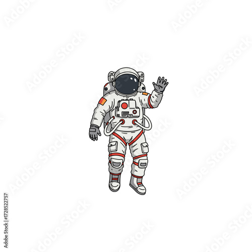 Astronaut waving while floating in space with a space suit  