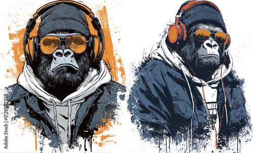 Two artistic depictions of gorillas with sunglasses and headphones showcase a cool urban vibe. These colorful designs reflect a modern street art style.
