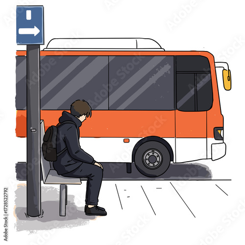Young man waiting at bus stop while city bus approaches  