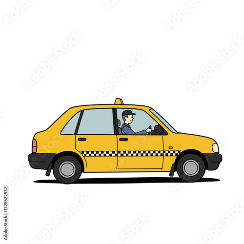 Yellow taxi cab with driver navigating city streets  