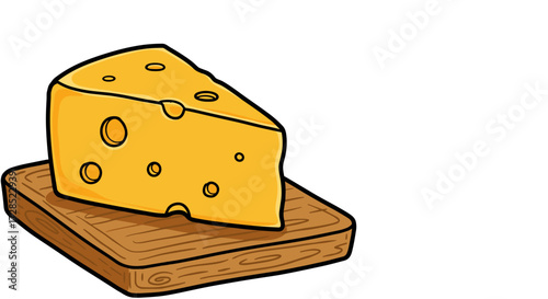 Yellow cheese wedge on wooden board in simplistic style  