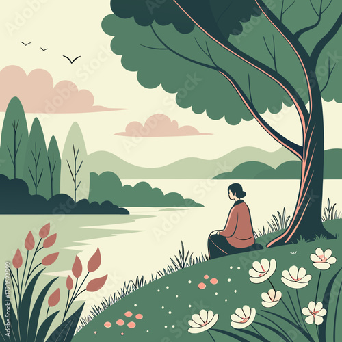 Woman sitting by the lake enjoying the scenery with birds flying above
