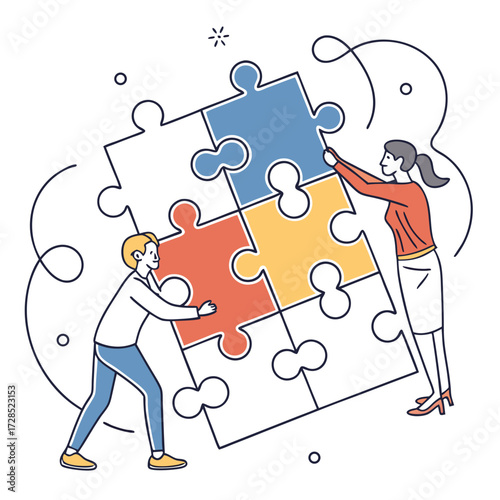 Teamwork illustration of people putting together puzzle pieces