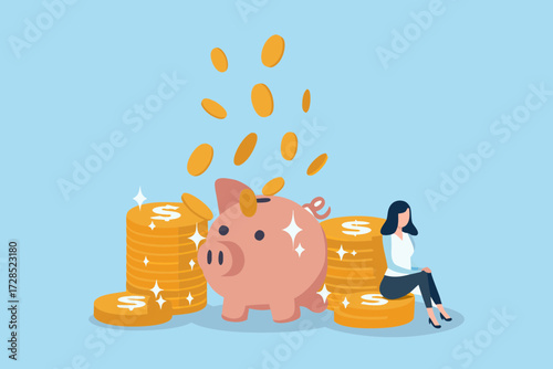 Woman sitting next to a piggy bank and stacks of coins with gold coins falling from above