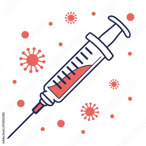 Syringe with red liquid, surrounded by viruses