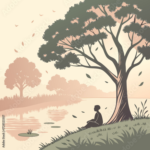 Silhouette of a person sitting under a tree by the water at sunset