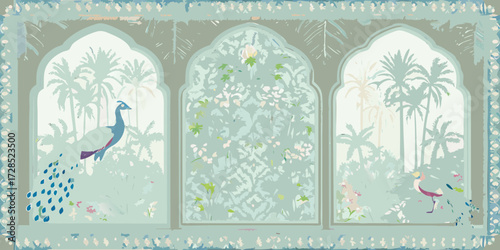 Elegant indian inspired arched window overlooking a tropical garden with a peacock and exotic bird
