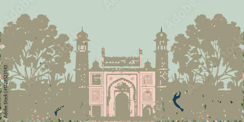 Stylized illustration of a grand mughal gateway surrounded by lush trees and foliage with subtle floral accents