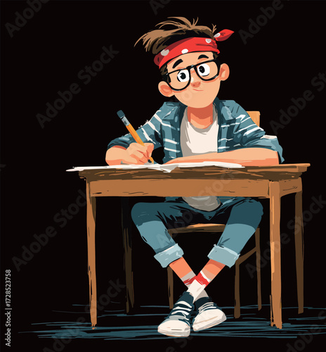 A boy with glasses and a headband sits at a wooden desk, concentrating on his studies as he writes with a pencil. The setting is dimly lit, creating a cozy atmosphere.