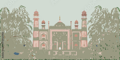 Stylized illustration of a mughal era mosque with minarets and dome surrounded by lush green trees