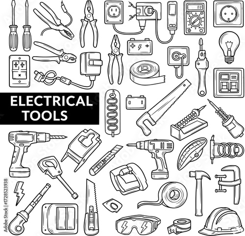Electrical Tools Doodle Set: Hand-Drawn Vector Illustration of Repair and Installation Equipment