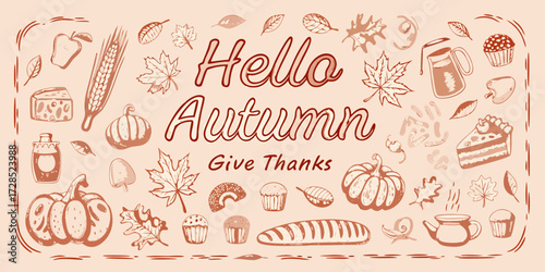 Hello autumn give thanks hand drawn illustration with pumpkins leaves and food