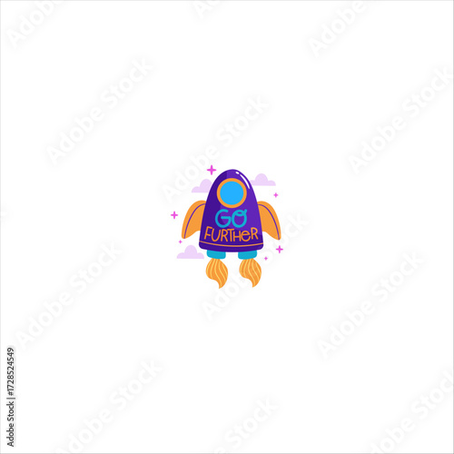 Vector illustration of a rocket with the motivational phrase "Go Further." Represents ambition, growth, progress, innovation, and success. Perfect for themes of business, creativity, personal developm