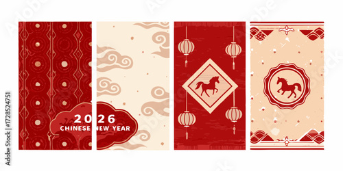 Chinese new year 2026 celebration with horse motifs and traditional patterns