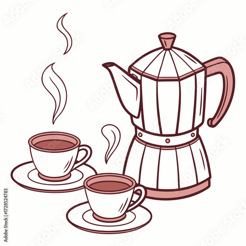 Classic moka pot and coffee cups with steam