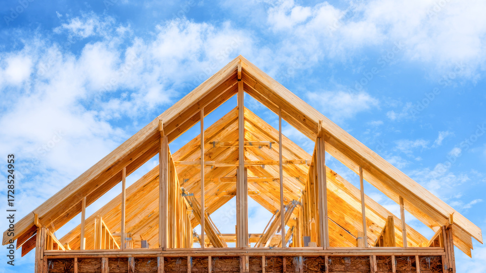 Fototapeta premium Building a dream home with wooden framing under a clear blue sky at midday