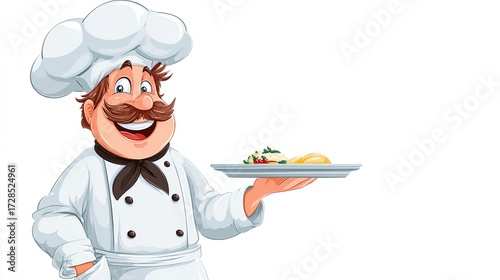 Happy chef with mustache presents a dish on a white plate, cartoon style