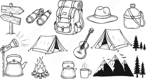 Detailed Black and White Illustration of a Camping Backpack with Rolled Sleeping Bag.