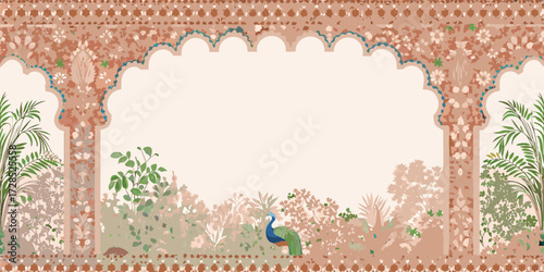 Ornate mughal archway framing lush garden with peacock and palm trees