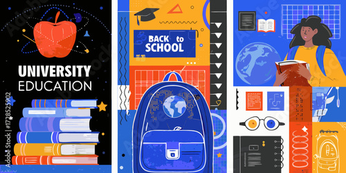 University education and back to school collage featuring books apple student and school supplies