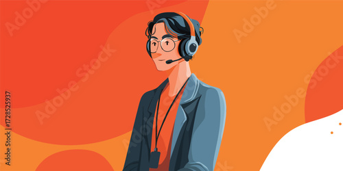 A young individual with curly hair and glasses wears a headset, actively participating in a digital conversation. The warm orange background adds vibrancy to the scene.