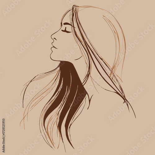 A graceful depiction of a woman with long, flowing hair. The style uses warm tones to create a soft and serene atmosphere, emphasizing femininity and beauty.