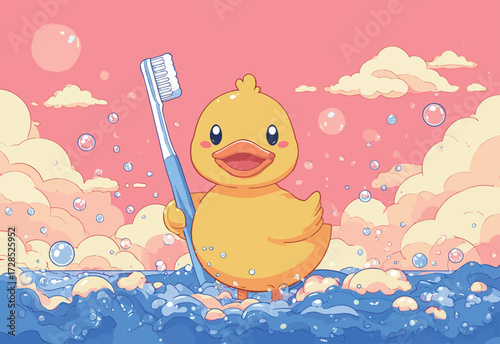 A cheerful yellow duck stands in bubbles enjoying a bath. It holds a toothbrush and is surrounded by whimsical clouds in a vibrant sky.