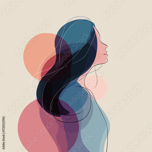 A side view of a woman with flowing hair is portrayed in an abstract style, surrounded by soft, colorful circles on a light background, conveying a sense of serenity.