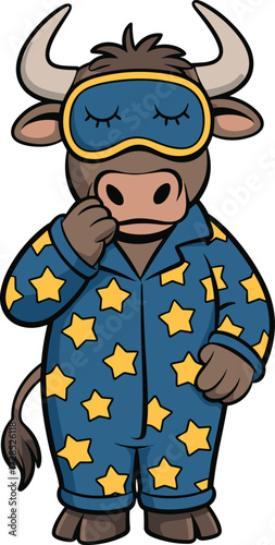 A Sleepy Cartoon Bull or Ox Wearing Star-Patterned Blue Pajamas and a Sleeping Mask, Ready for a Good Night's Rest and Dreaming Vector Character Illustration.