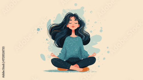 A young woman sits cross-legged on the floor, eyes closed, practicing meditation. She wears a comfortable sweater and looks peaceful, embodying tranquility.
