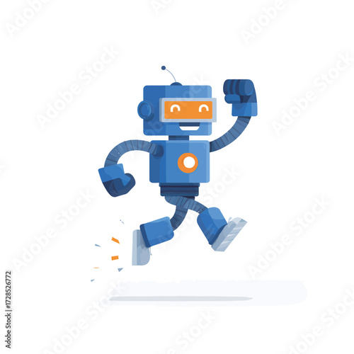 A vibrant, cheerful robot is jumping with excitement. Its blue body features a smiling face and playful design details, conveying a sense of happiness and energy.
