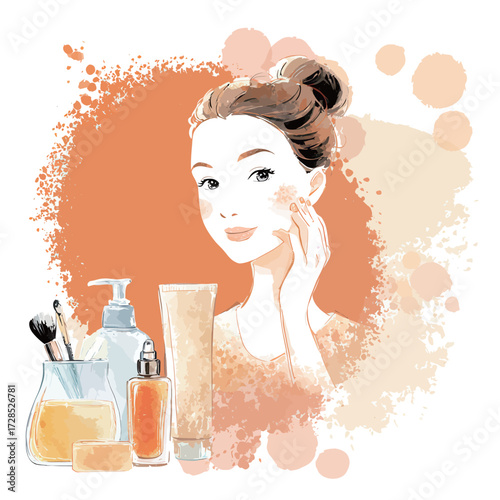 A woman gently touches her cheek while surrounded by various skincare products, showcasing a relaxing beauty routine in a warm, inviting environment.