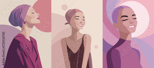 Three women with headscarves express joy and confidence in stylized portraits with soft pastel colors. Each has a unique pose and facial expression reflecting happiness.