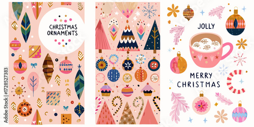 Whimsical hand drawn christmas ornaments and decorations with festive sayings