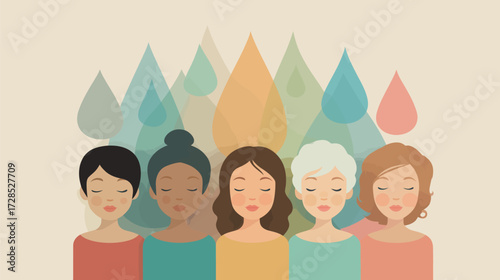 Five women of diverse backgrounds display peaceful expressions with closed eyes against a backdrop of soft, colorful drops, creating a tranquil atmosphere.