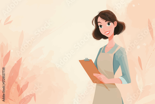 A friendly woman smiles while holding a clipboard. She is dressed in casual attire with an apron and stands against a light, pastel backdrop.