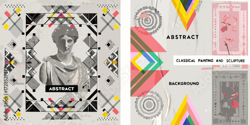Abstract composition featuring a classical bust surrounded by geometric patterns and colorful abstract shapes