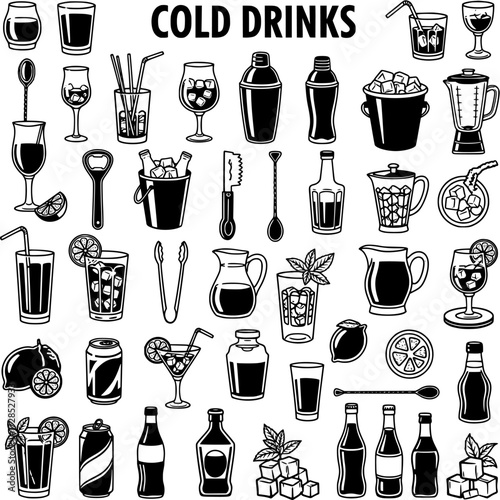 Vector Icons Set of Cold Drinks, Cocktails, Bar Tools, and Beverages. Refreshing Summer Drinks, Alcohol, Mixers, and Bar Equipment Collection.