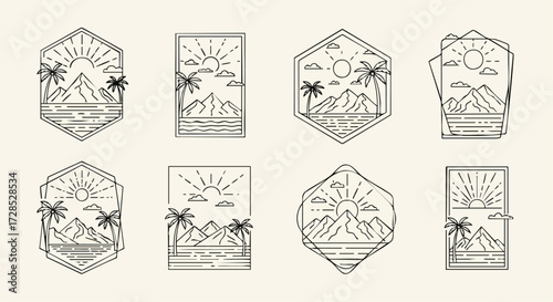 Minimalist Line Art Landscapes Featuring Mountains, Palm Trees, and Sun