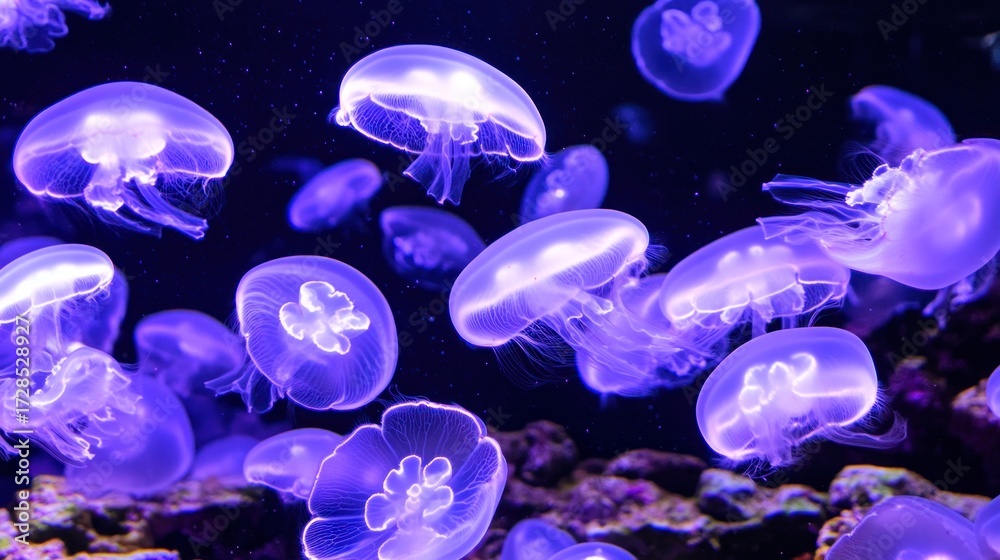 Naklejka premium Many luminous jellyfish in dark water