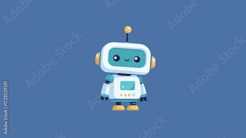 A cheerful robot character stands against a solid blue background. The robot has a friendly expression and colorful features. Perfect for a fun project or theme.