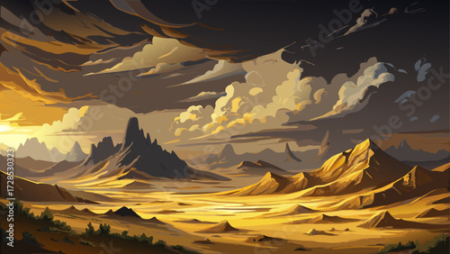 This textured, painted impression reveals a vast golden desert landscape, glowing under a dramatic sky with dark clouds. Beyond lie misty mountains, forming a remote, mountainous terrain rich with 